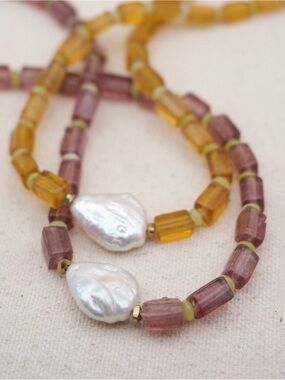 Handmade Beaded Necklace with Baroque Pearl Mauve Beads Yellow Beads